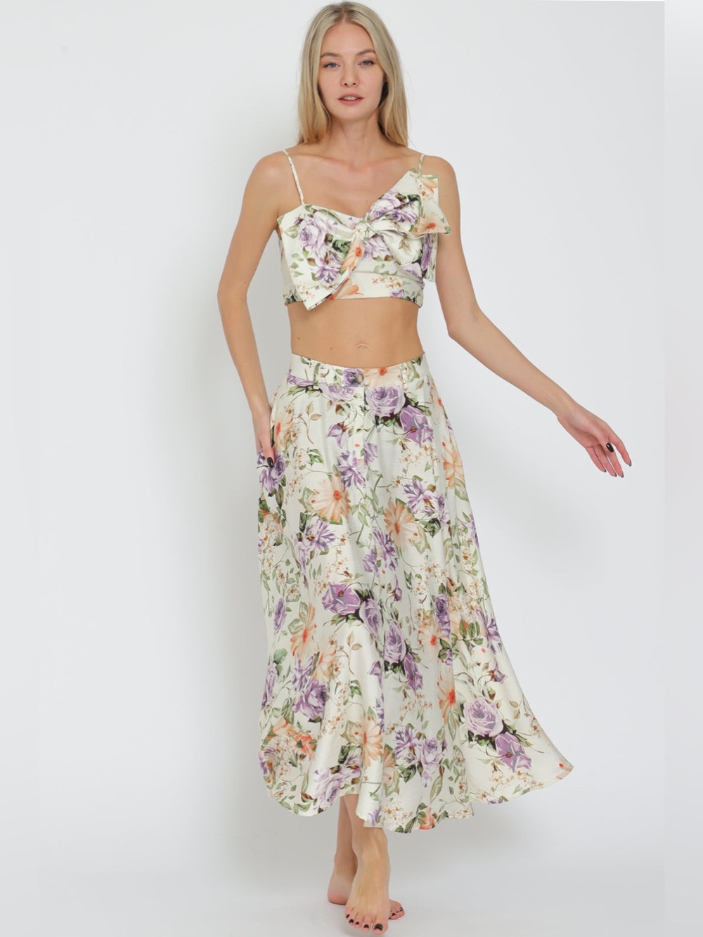 Vici Cream Floral Maxi Skirt Set with Purple & Peach Blooms